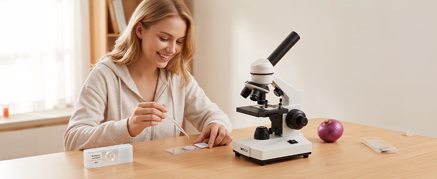 A smiling young woman preparing a slide specimen with a dropper next to a Tomlov fine focus microscope.