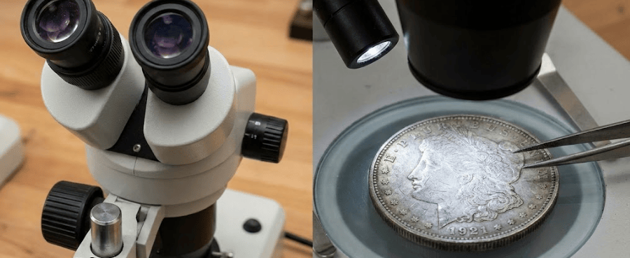 Stereo microscope inspecting silver coin