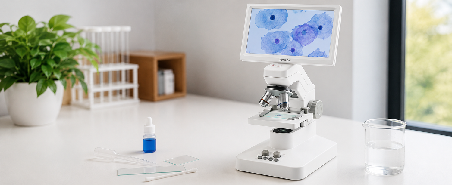 Cheek cells viewed with a TOMLOV digital microscope.