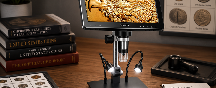 Coin inspection with a TOMLOV digital microscope.