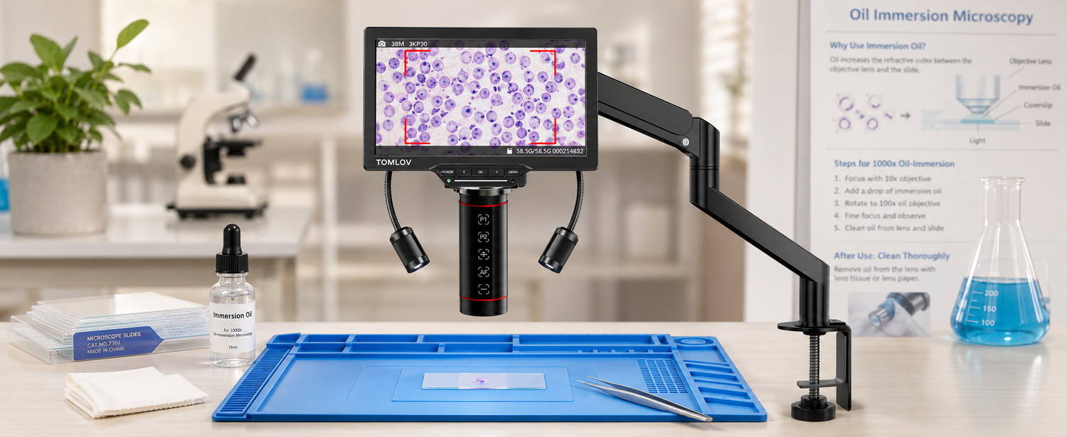Digital microscope setup for oil-immersion slide observation.
