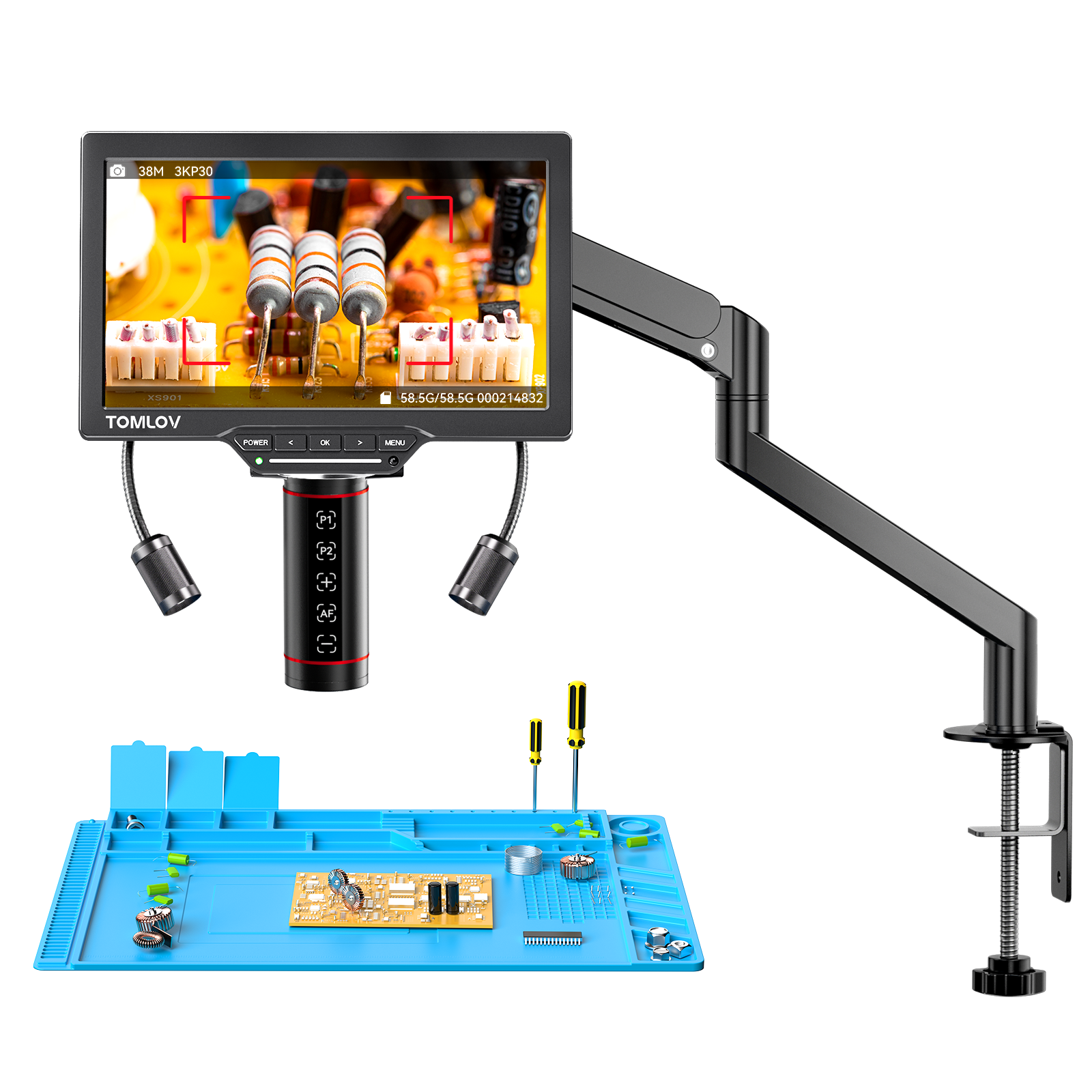 TOMLOV TM3K-AF Autofocus Digital Microscope 3K Flex Arm HDMI Microscope with Screen