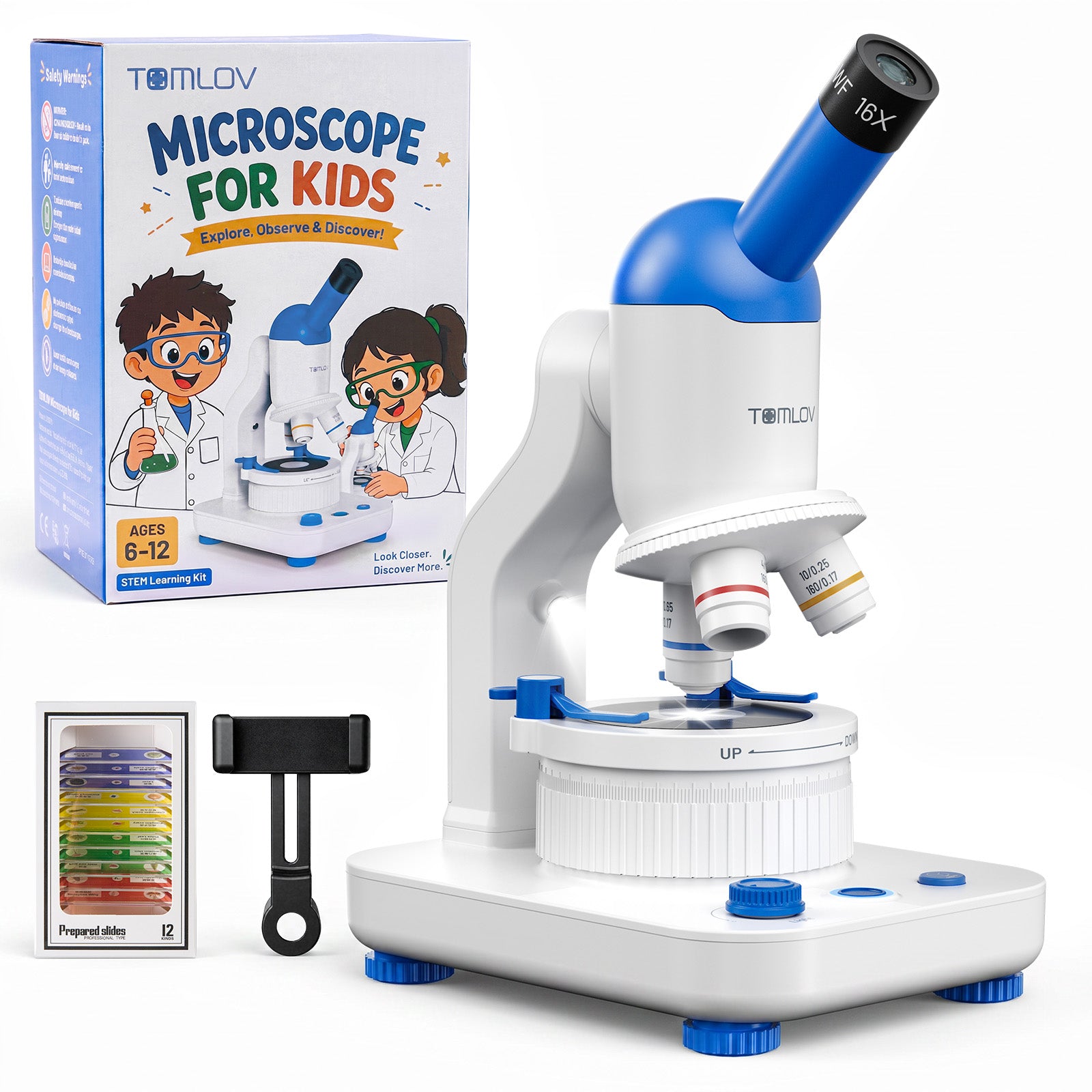 TOMLOV DM301K Microscope for Kids Educational Science STEM Kits Ages 6-12 | Optical Lens for Clear View, Slides Kits, Rechargeable Battery, Dual LED Lights, Phone Adapter for Home School Classroom