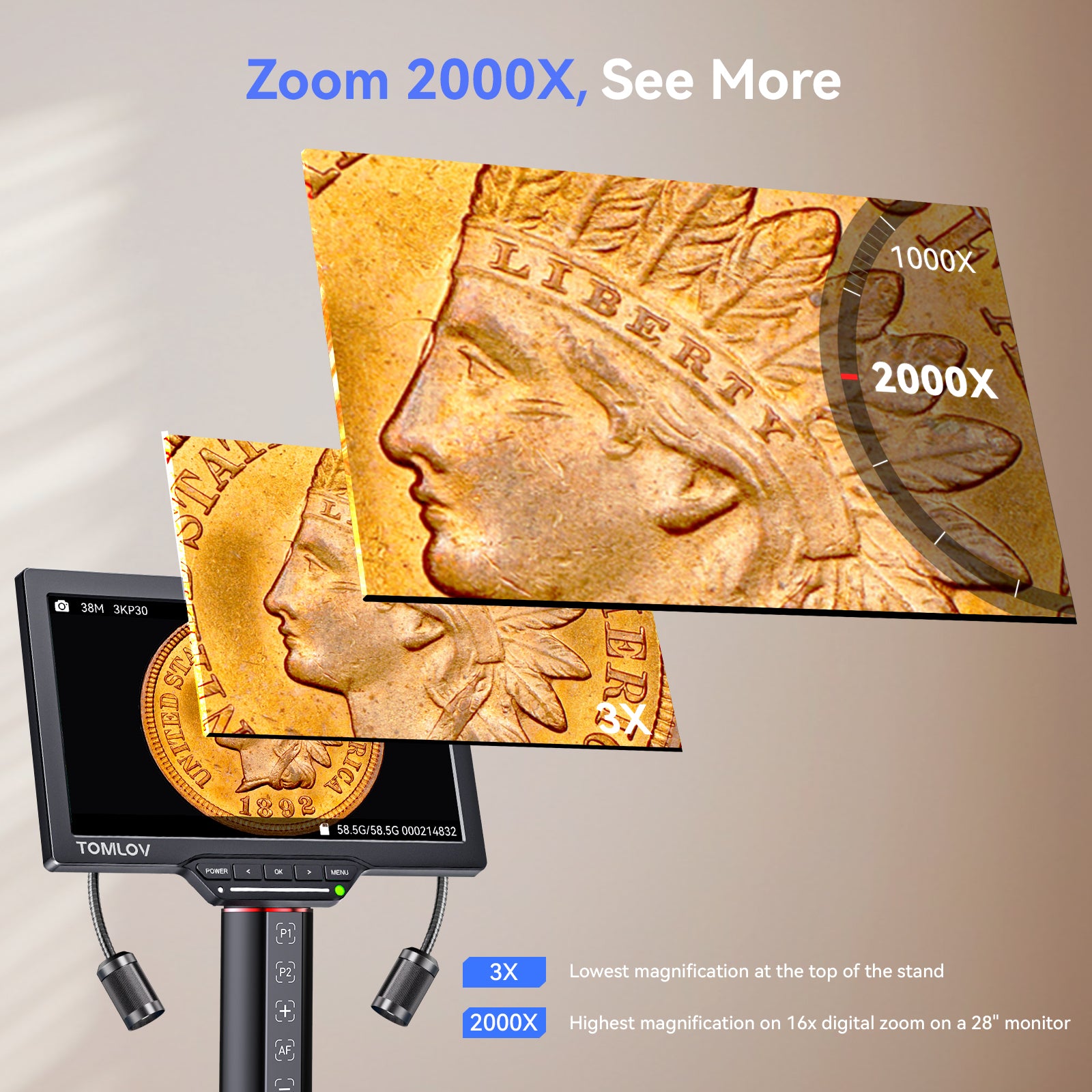 TOMLOV TM3K-AF Autofocus Digital Microscope 3K Flex Arm HDMI Microscope with Screen