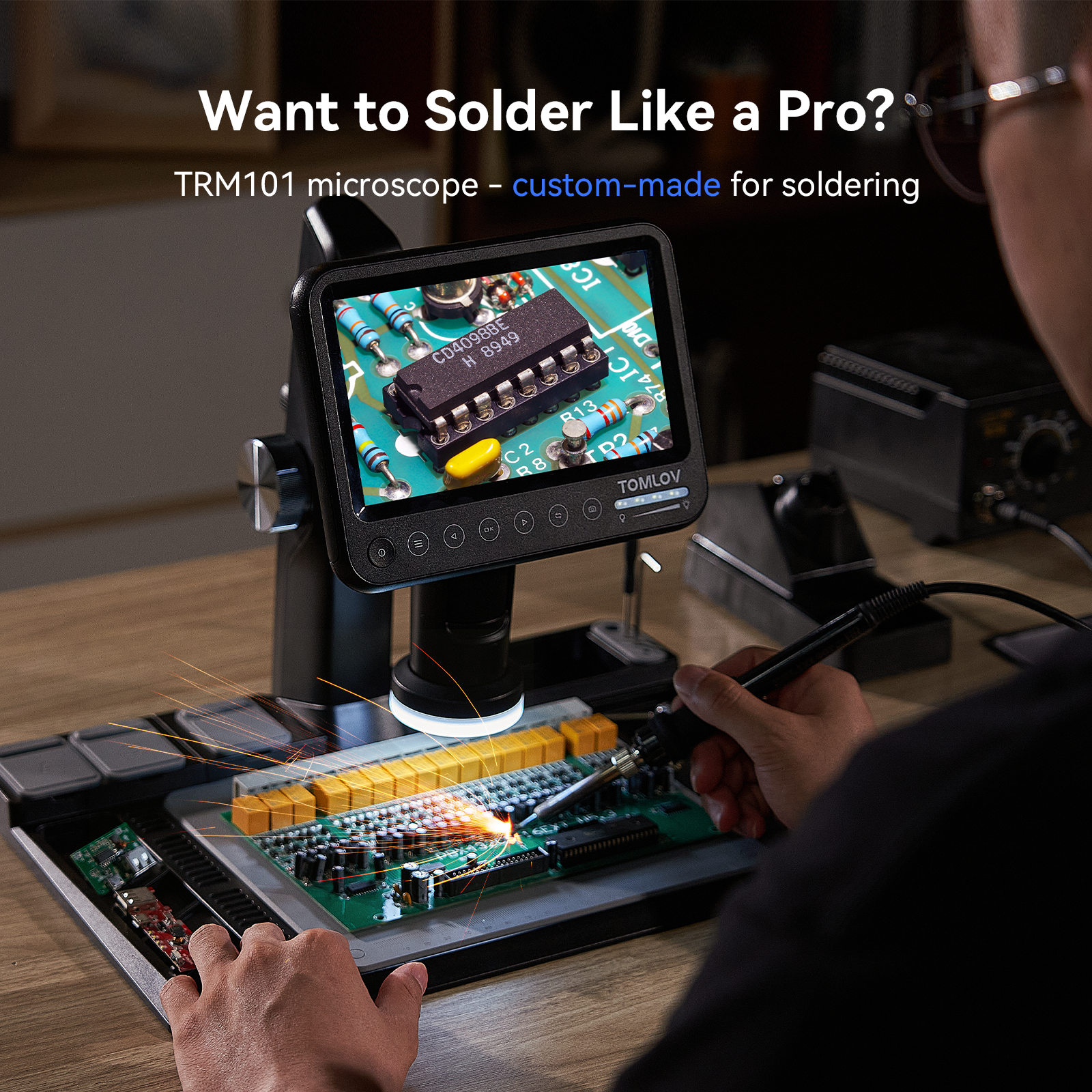 TOMLOV TRM101 7" IPS Digital Microscope 1600X, Pro Soldering Microscope with Pro Soldering Station