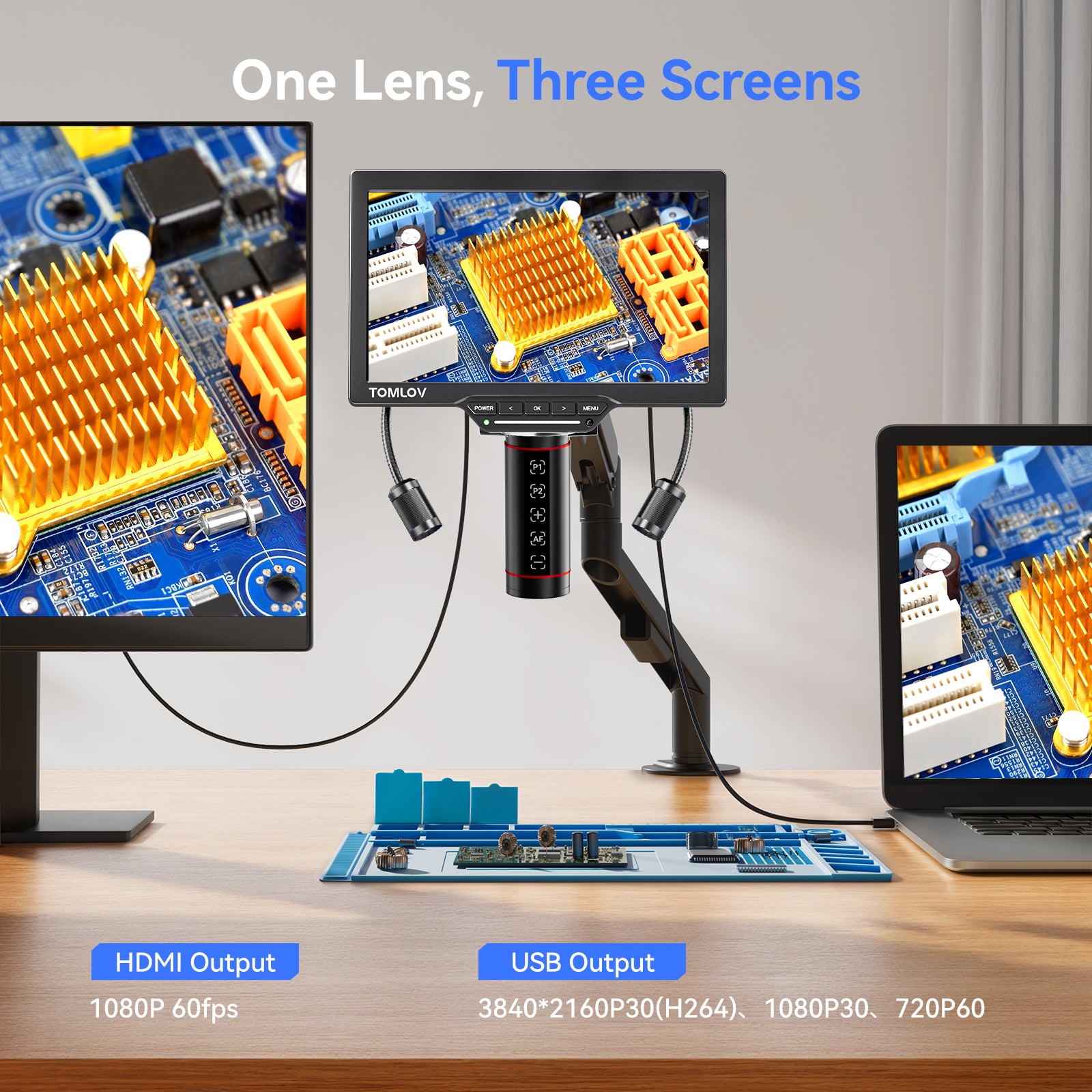 TOMLOV TM3K-AF Autofocus Digital Microscope 3K Flex Arm HDMI Microscope with Screen