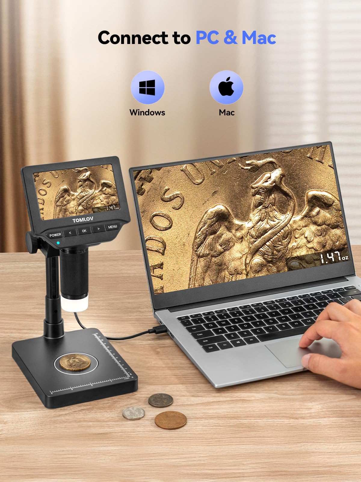 TOMLOV DM4W 4.3" Coin Microscope Weighing Scope for Collectors, Jeweler Compatible with Windows/Mac