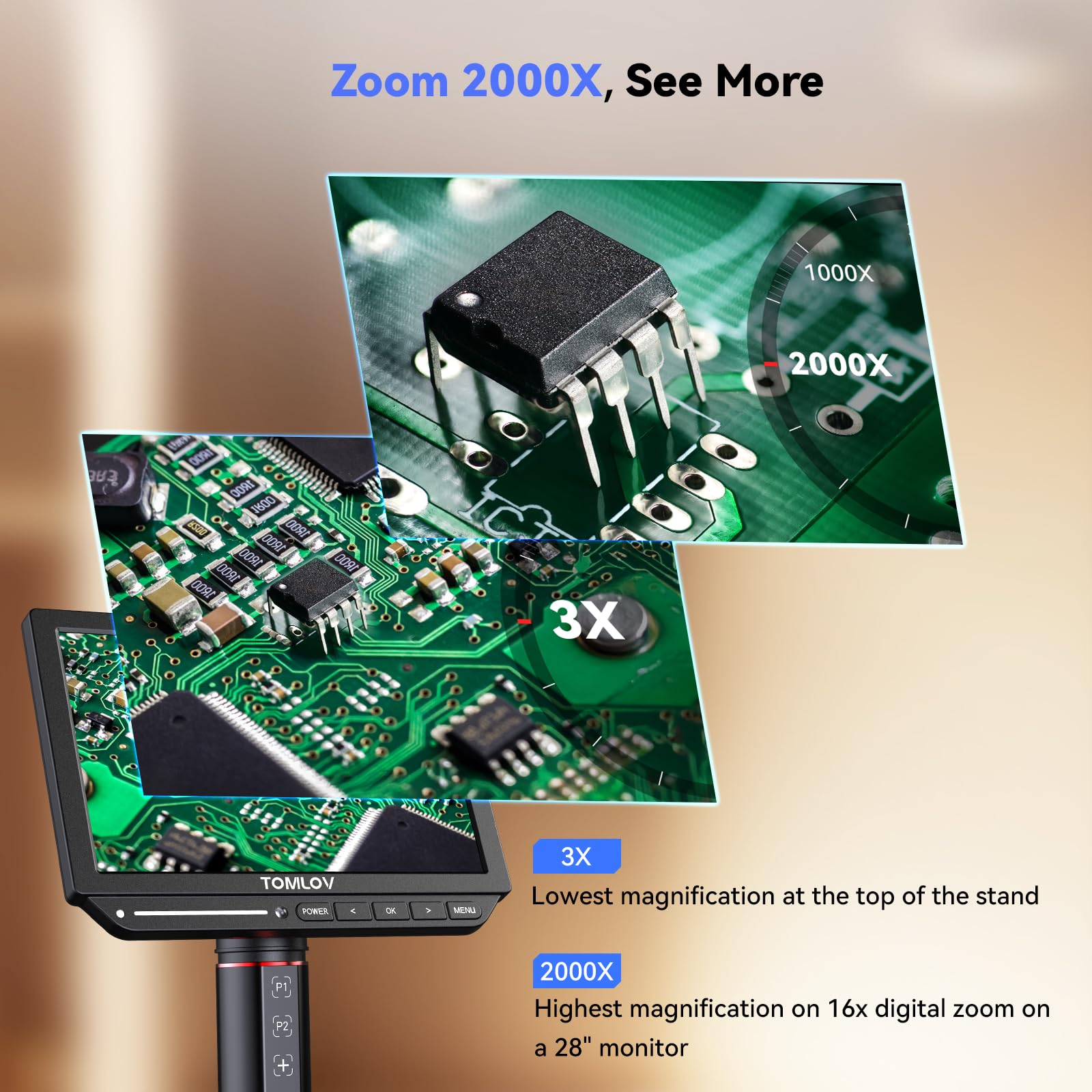 TOMLOV Autofocus 4K Digital Microscope: 8" TM4K-AF Flex Arm HDMI Micro Soldering Microscopes