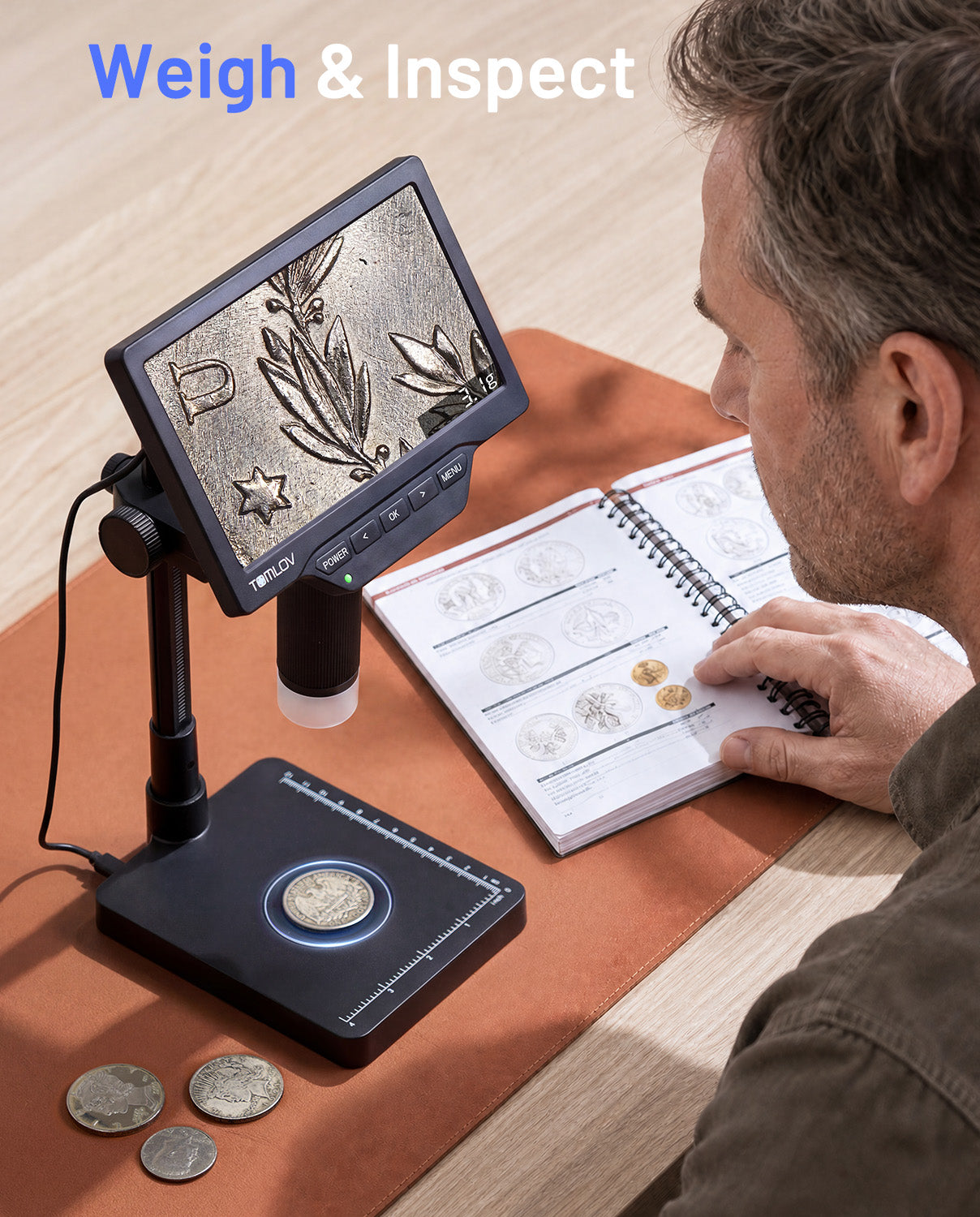 TOMLOV DM4W Max 2K Coin Microscope with Built-in Scale, 7" Full Coin View
