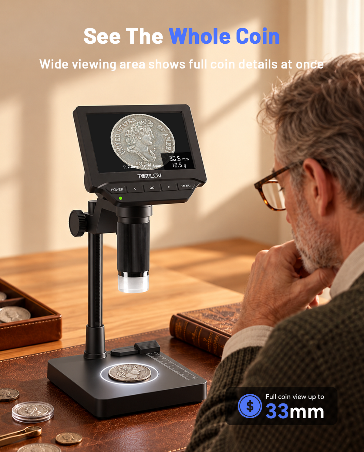 【NEW】TOMLOV DM4WM Full Coin Scale Microscope: 4.3" Digital Caliper Microscopes
