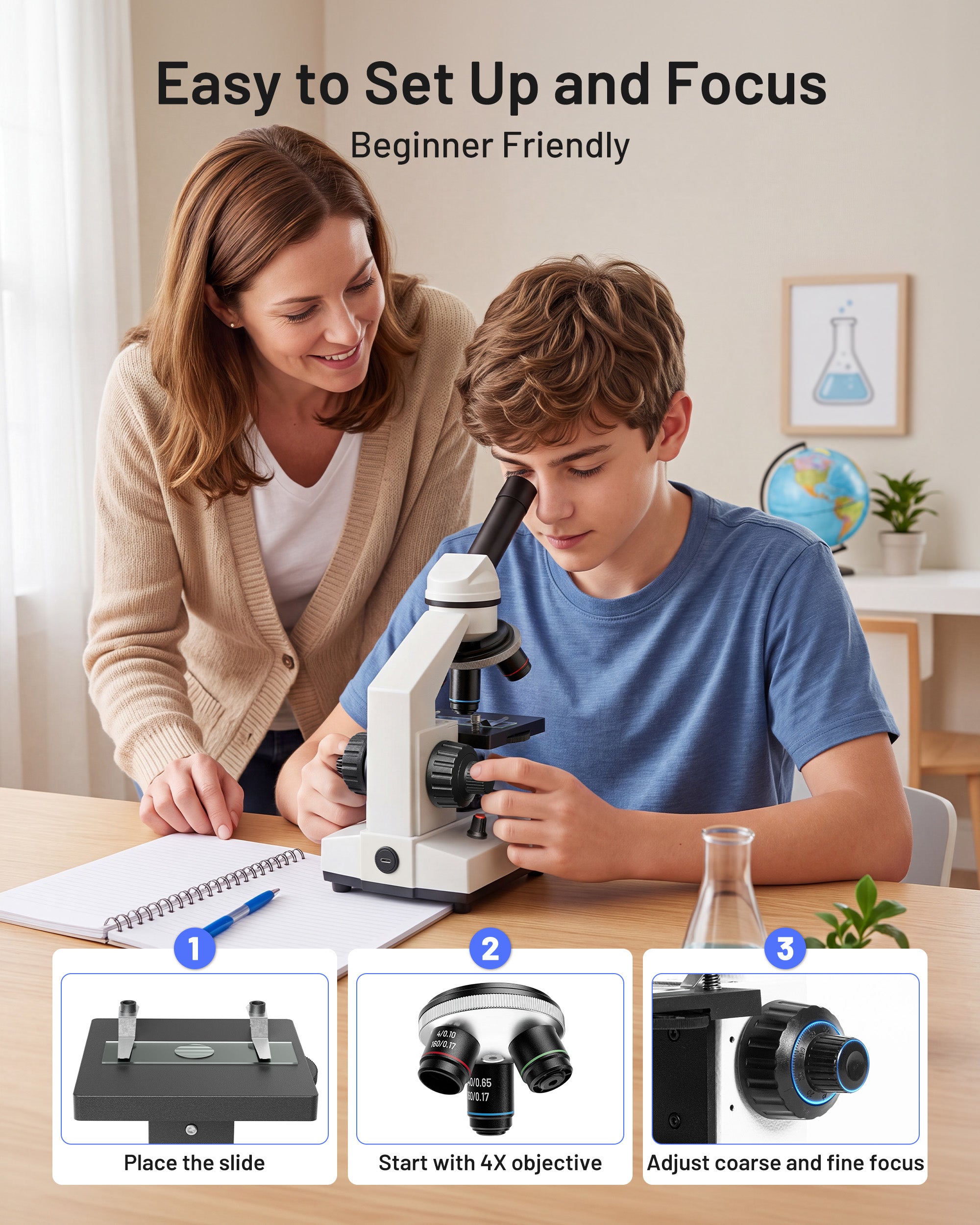 【NEW】TOMLOV Compound Microscope with Coarse & Fine Focus for Students, 40X-2000X