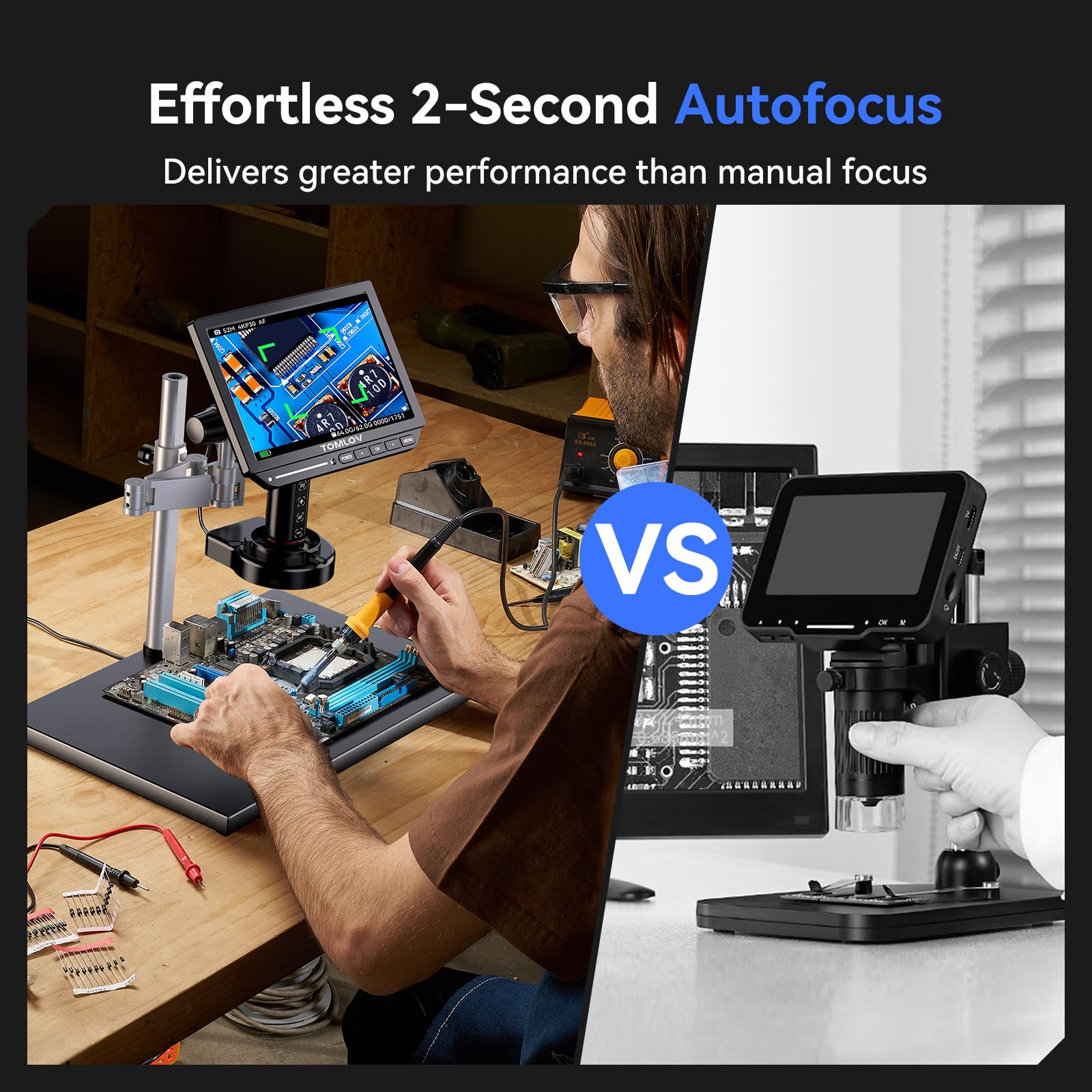 TOMLOV 4K Autofocus Microscope TM4K-AF Max, 10.1" HDMI Digital Microscope with Spin Flex Arm, Micro Soldering Microscope for Electronics Repair 2 second autofocus