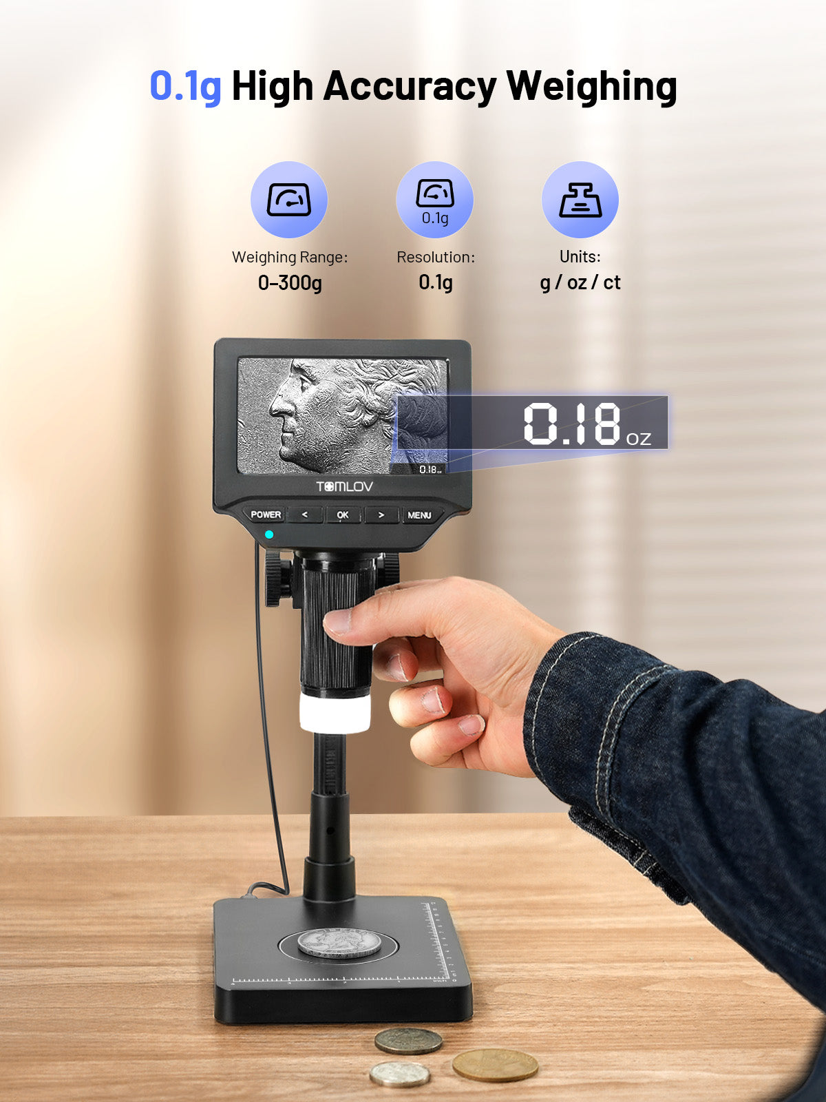 TOMLOV DM4W Digital Coin Microscope with Built-in Weighing Scale, 4.3-Inch