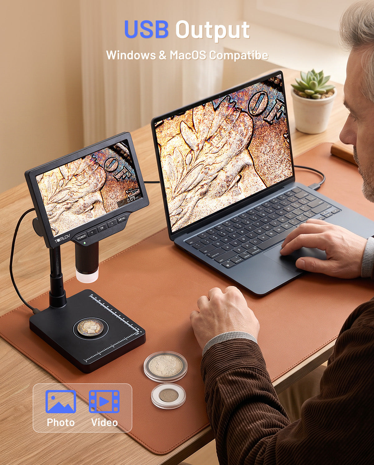 TOMLOV DM4W Max 2K Coin Microscope with Built-in Scale, 7" Full Coin View