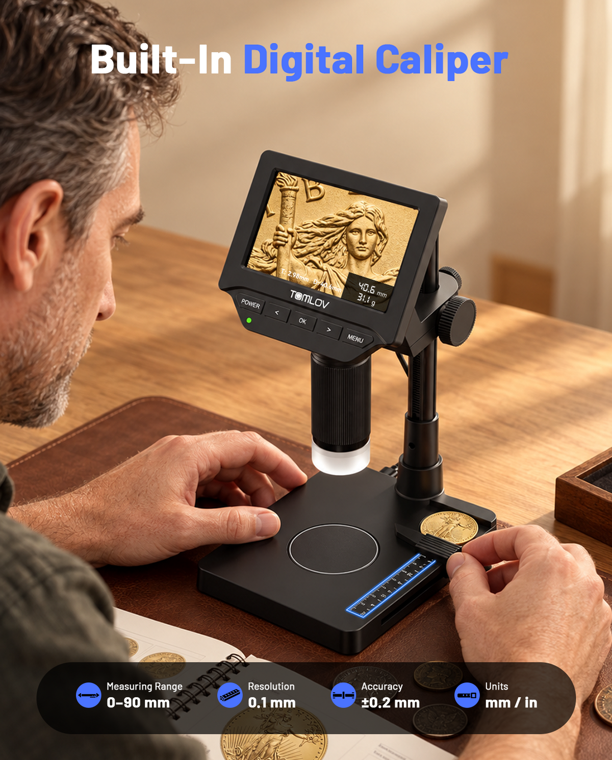 【NEW】TOMLOV DM4WM Full Coin Scale Microscope: 4.3" Digital Caliper Microscopes