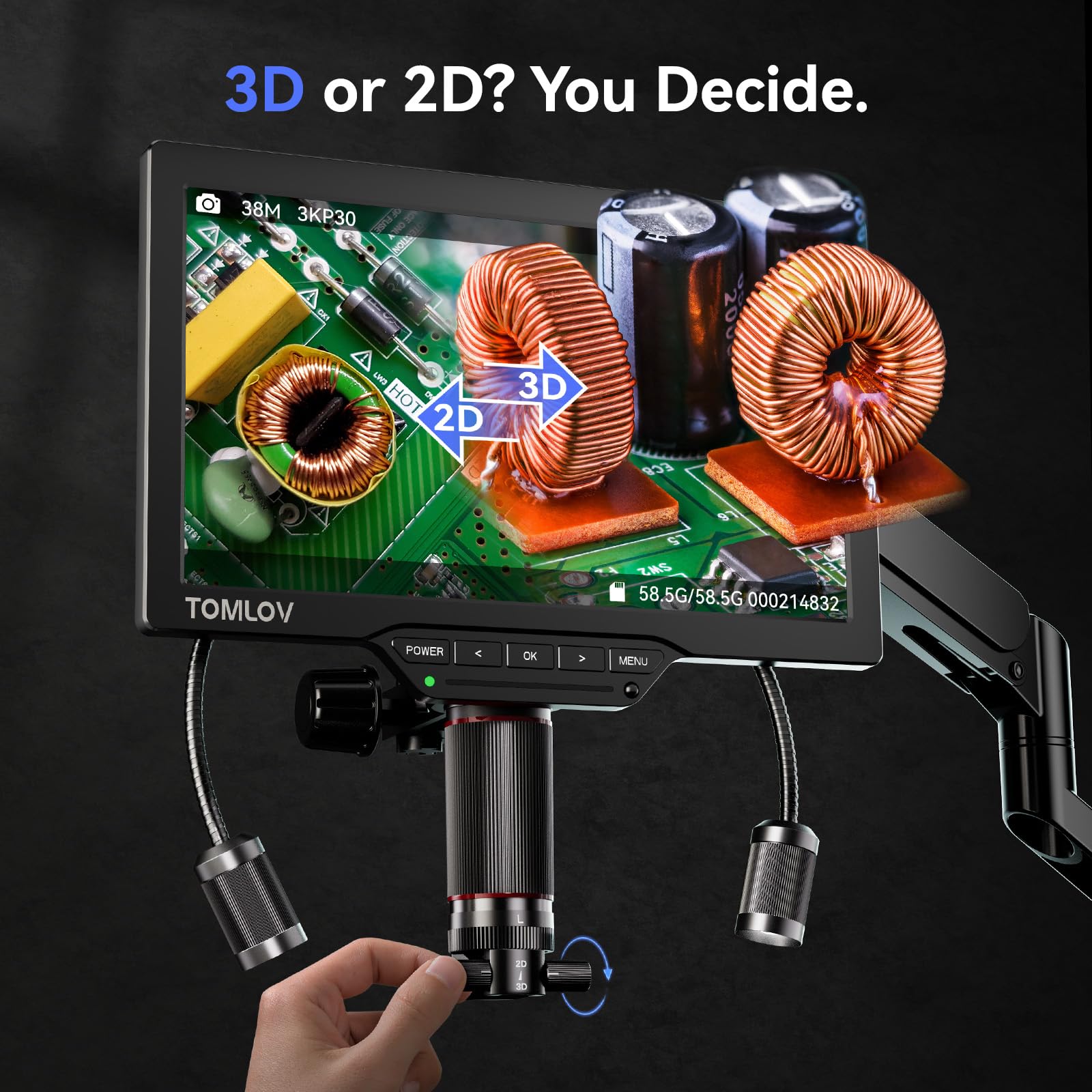TOMLOV TM3K-3D 3D Digital Microscope for Soldering: Magnetic Dual Lens Micro Scope TM3K-3D for Adult, Coin Microscope with Flex Arm, 3K 7-Inch IPS Screen, HDMI/USB Output, Gooseneck Light, Repair Mat, 64GB