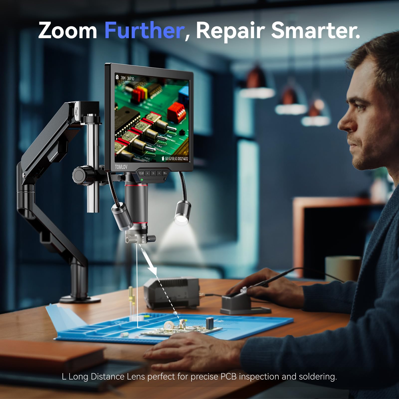 TOMLOV TM3K-3D 3D Digital Microscope for Soldering: Magnetic Dual Lens Micro Scope TM3K-3D for Adult, Coin Microscope with Flex Arm, 3K 7-Inch IPS Screen, HDMI/USB Output, Gooseneck Light, Repair Mat, 64GB