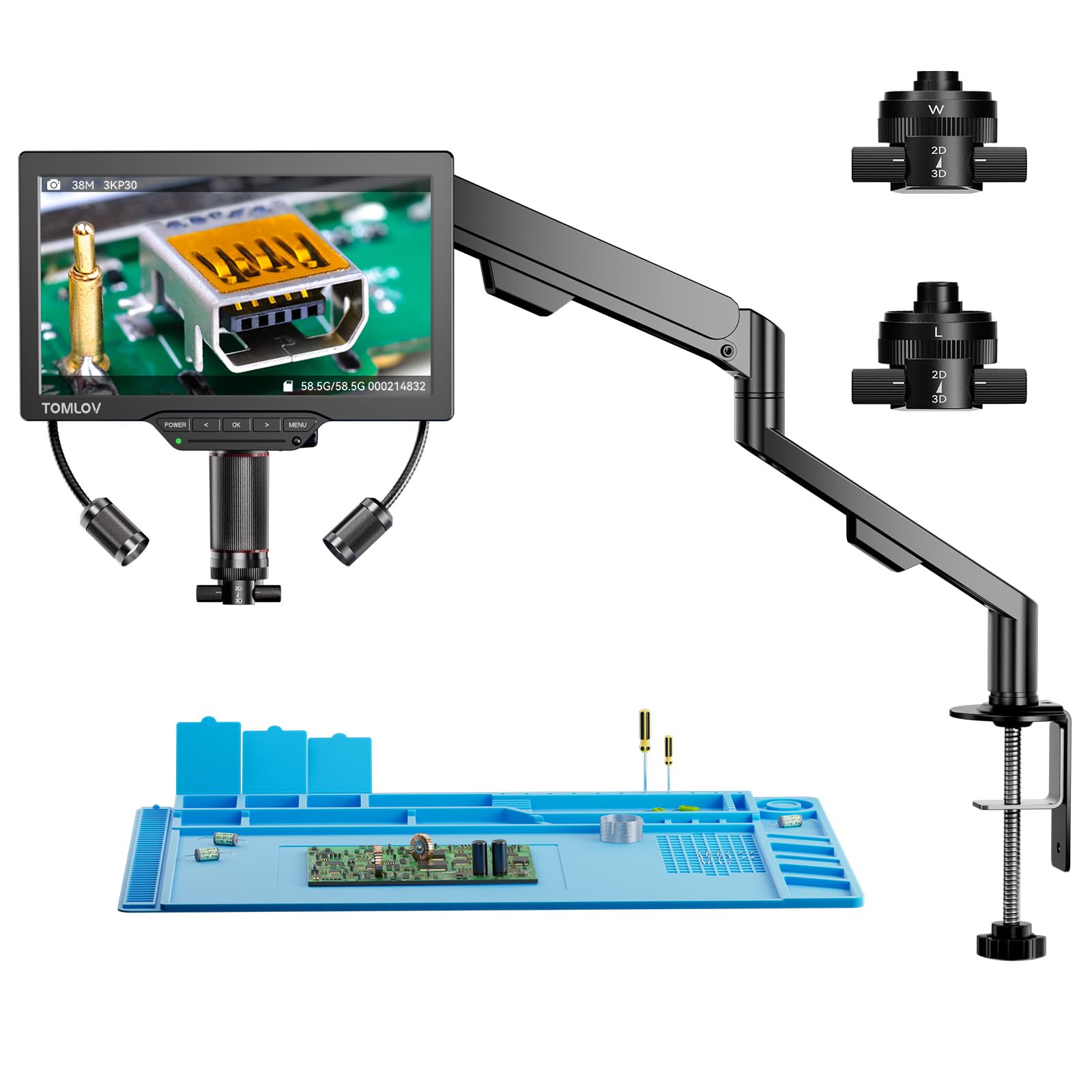 TOMLOV 3D Digital Microscope for Soldering: Magnetic Dual Lens Micro Scope TM3K-3D for Adult, Coin Microscope with Flex Arm, 3K 7-Inch IPS Screen, HDMI/USB Output, Gooseneck Light, Repair Mat, 64GB