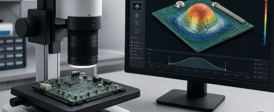 3D digital microscope inspecting a PCB with a surface height map displayed on a monitor