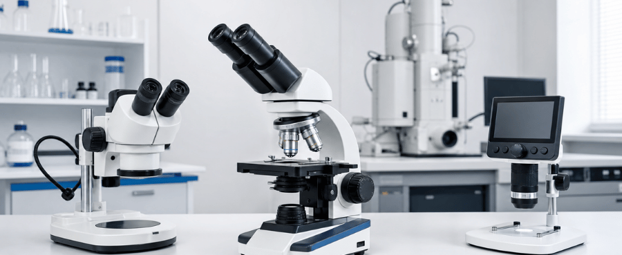 Compound, stereo, digital and electron microscopes in a modern laboratory