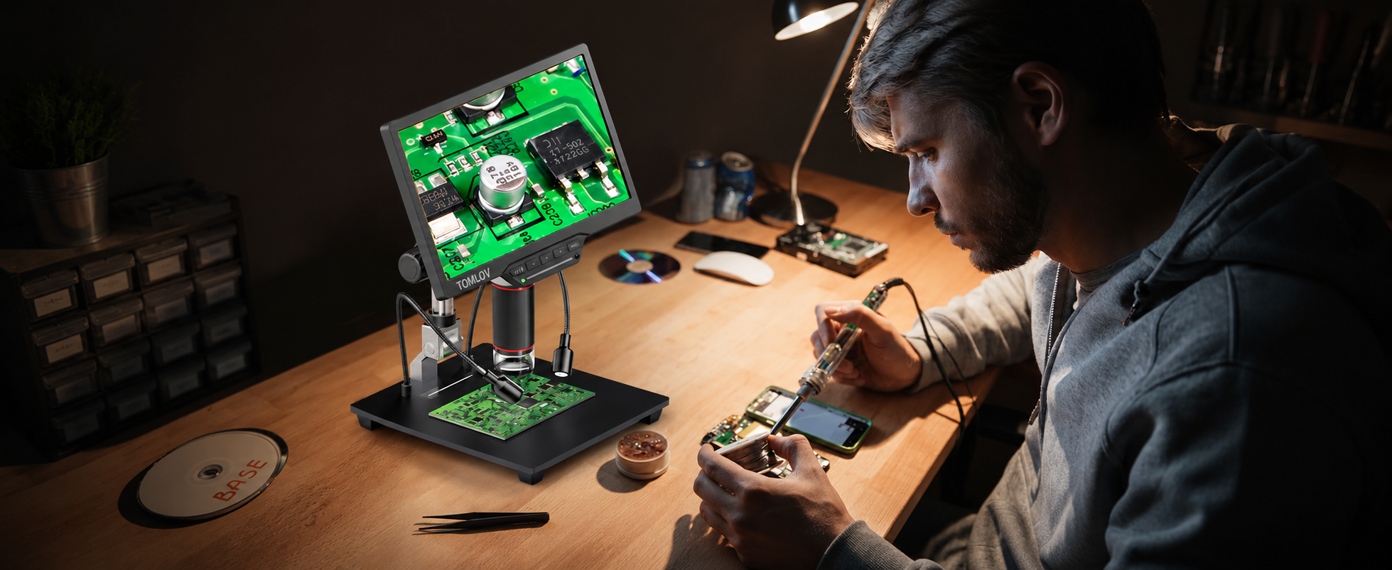 A technician uses a digital microscope to inspect and repair circuit boards at a workbench