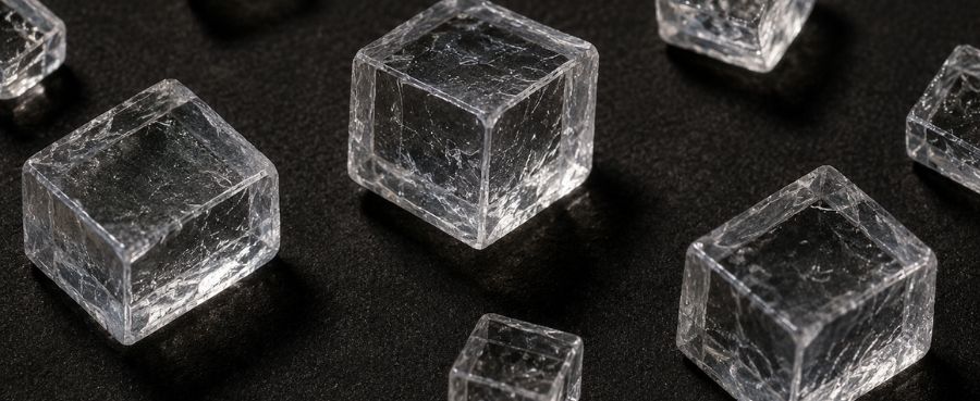 Translucent cubic salt crystals under magnification on a dark background.