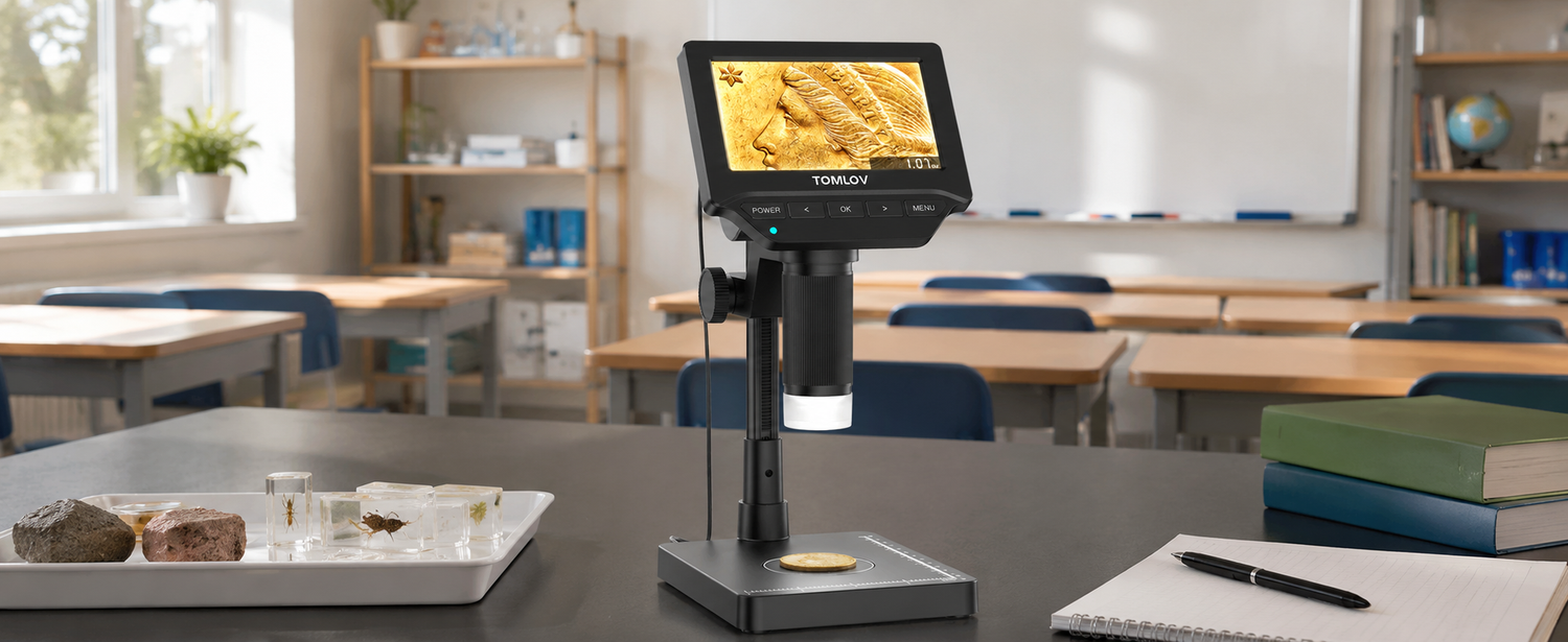 Digital microscope on a classroom lab table for hands-on science learning.