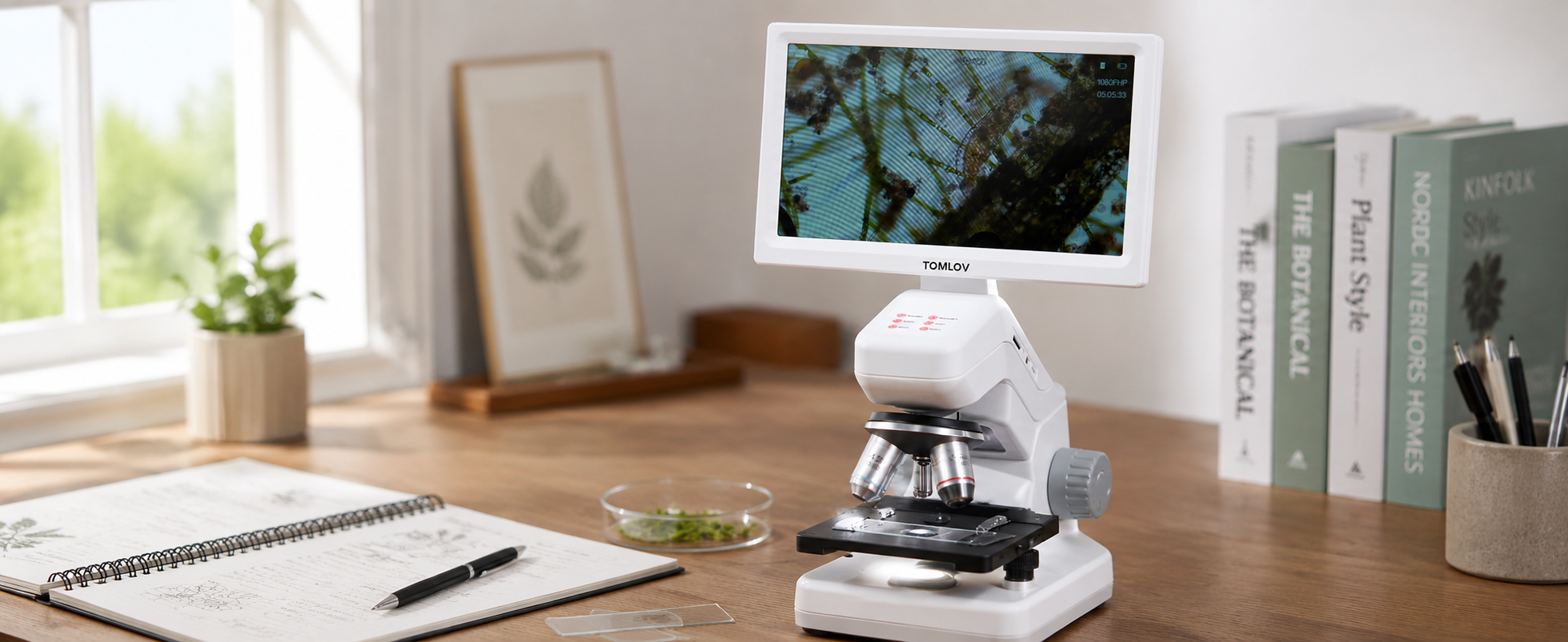 Digital microscope on a bright study desk