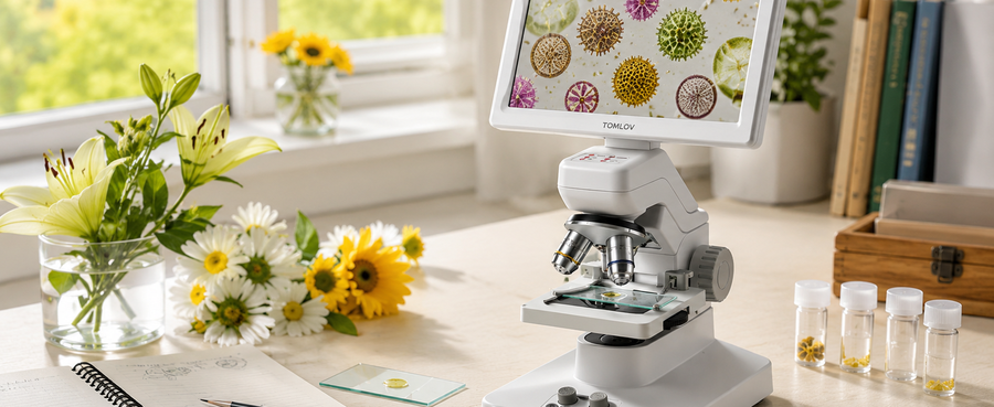 Pollen samples viewed with a TOMLOV digital microscope.