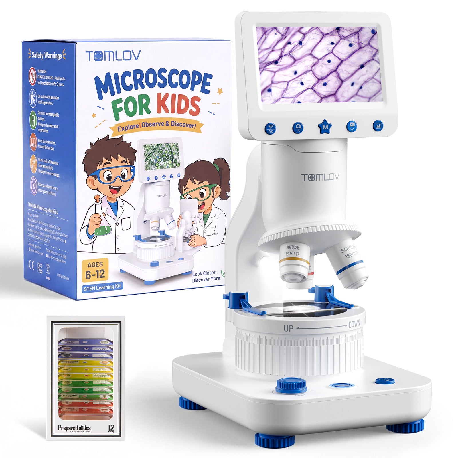 TOMLOV DM302K Microscope with Screen for Kids Educational Science STEM Kits | 4.3-Inch Screen, Wi-Fi Phone Sharing, Photo & Video Camera, PC Disply, Slides Kits, Ages 6-12 Home School Classroom Learning