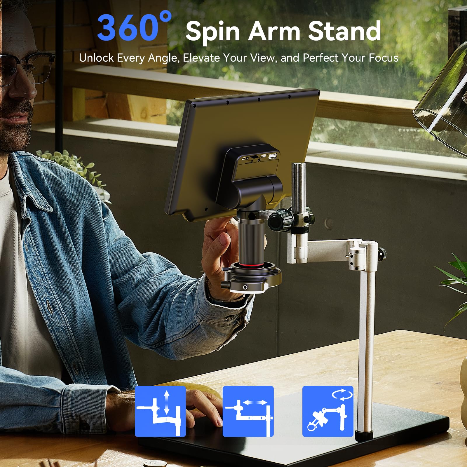TOMLOV TM4K 10" Flex Arm Digital Microscope 2000x, Spin Arm Soldering Microscope for Electronics Repair