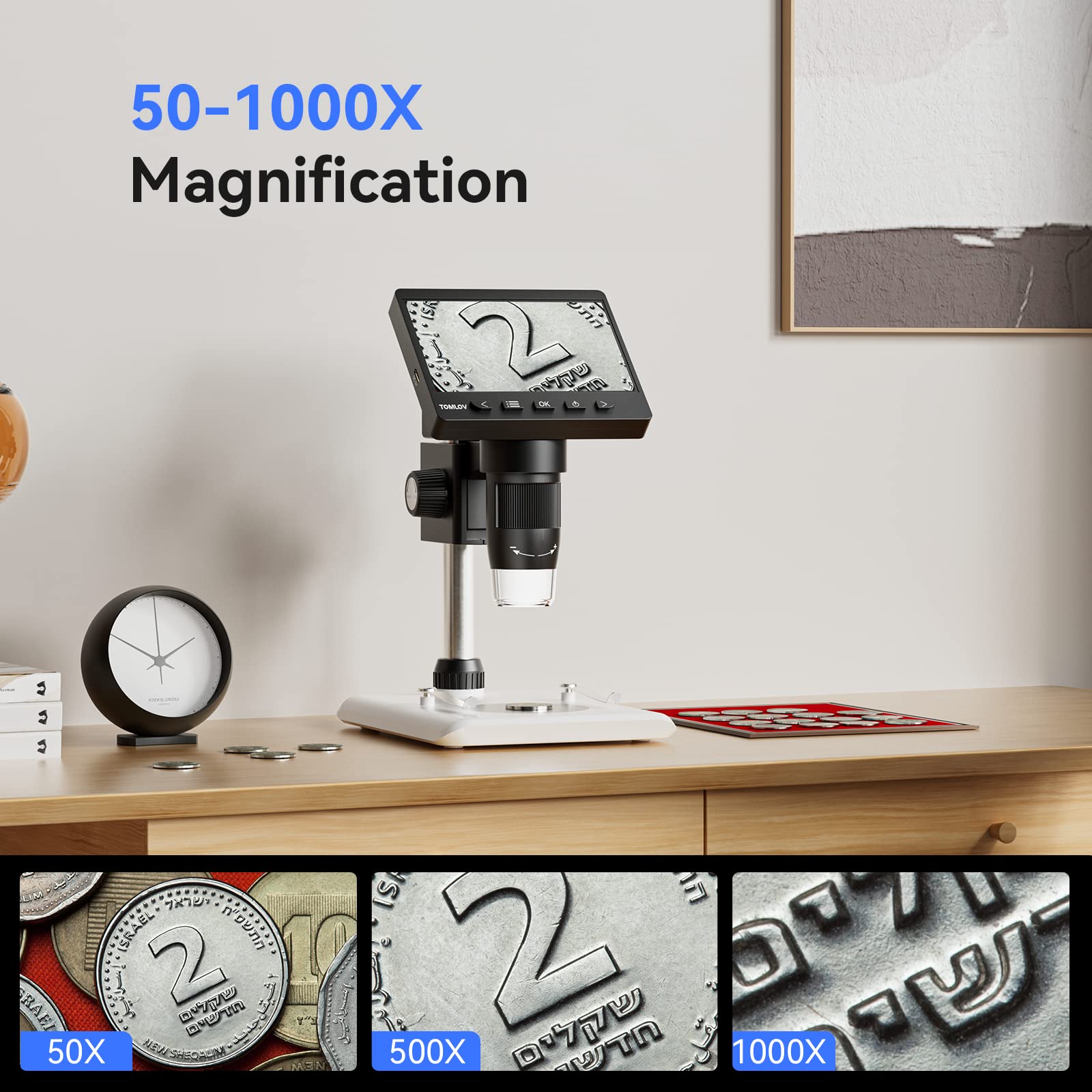 TOMLOV DM43 Coin Microscope | 4.3" LCD Digital Microscope 1000x, IPS Screen