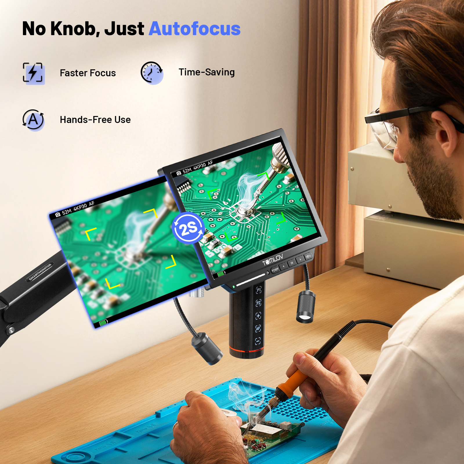 TOMLOV Autofocus 4K Digital Microscope, 8" TM4K-AF Flex Arm for Soldering