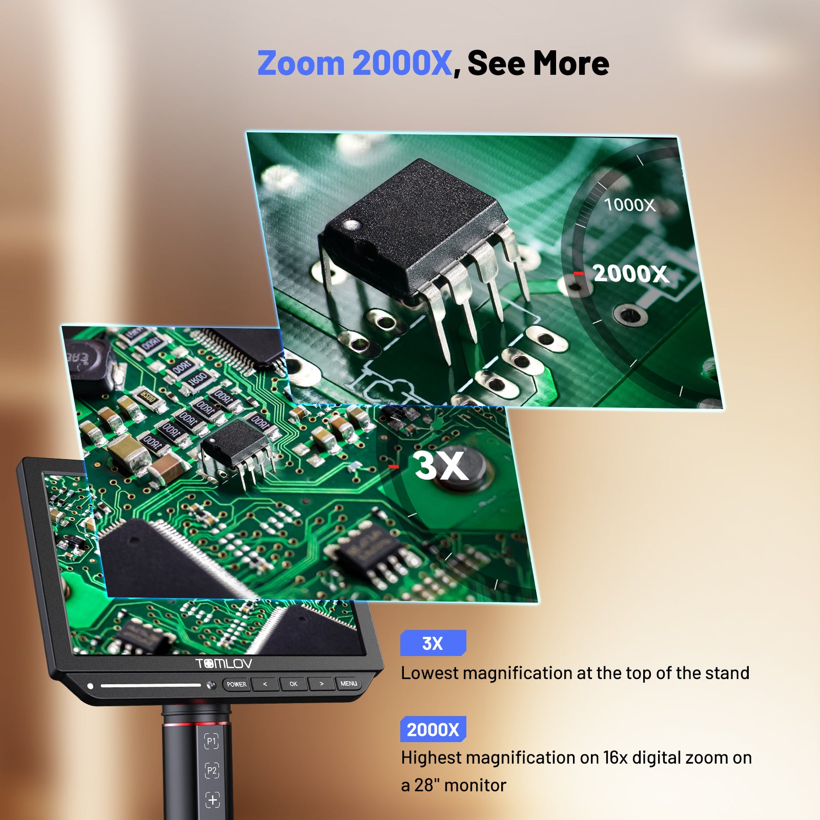 TOMLOV Autofocus 4K Digital Microscope, 8" TM4K-AF Flex Arm for Soldering
