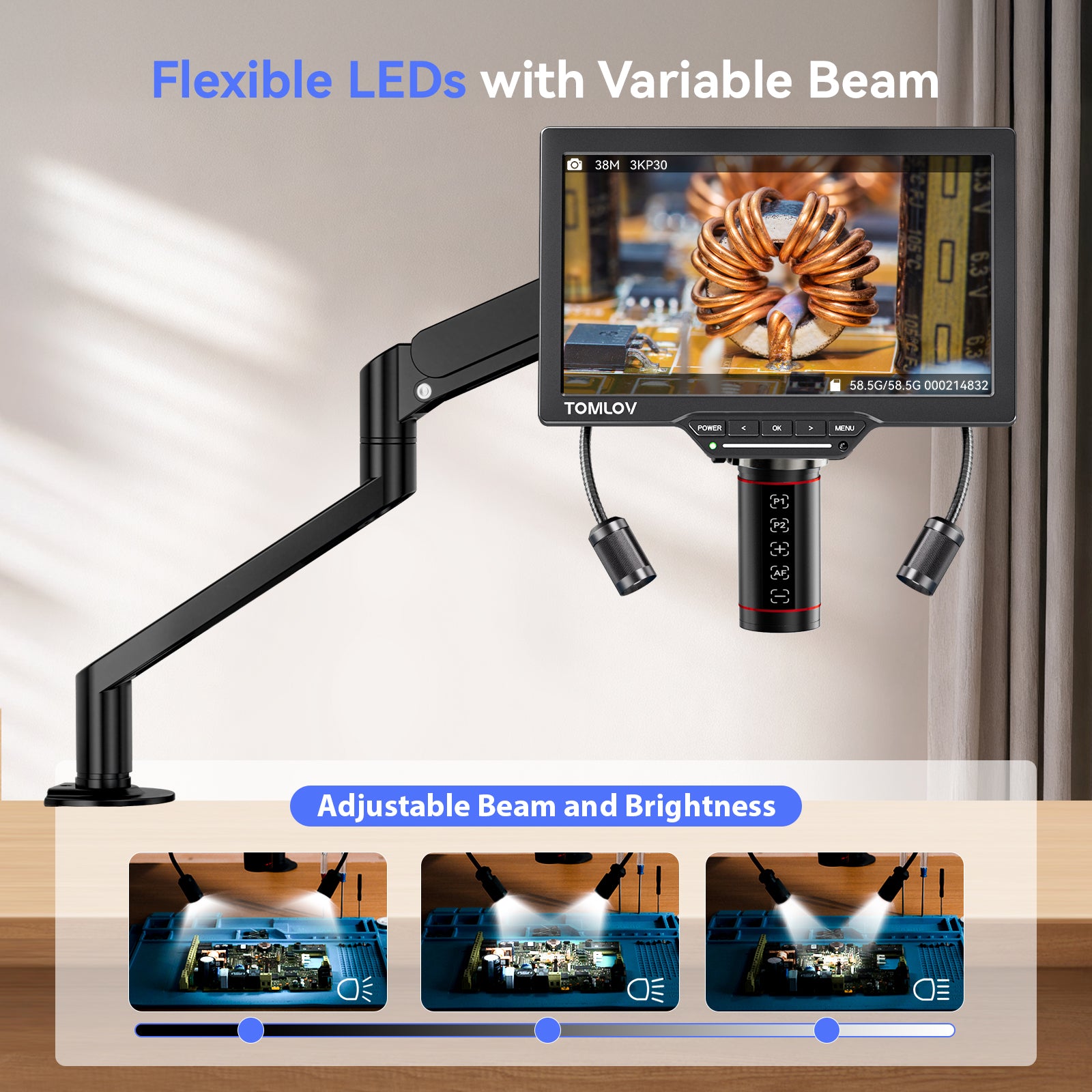 TOMLOV TM3K-AF Autofocus Digital Microscope 3K Flex Arm HDMI Microscope with Screen