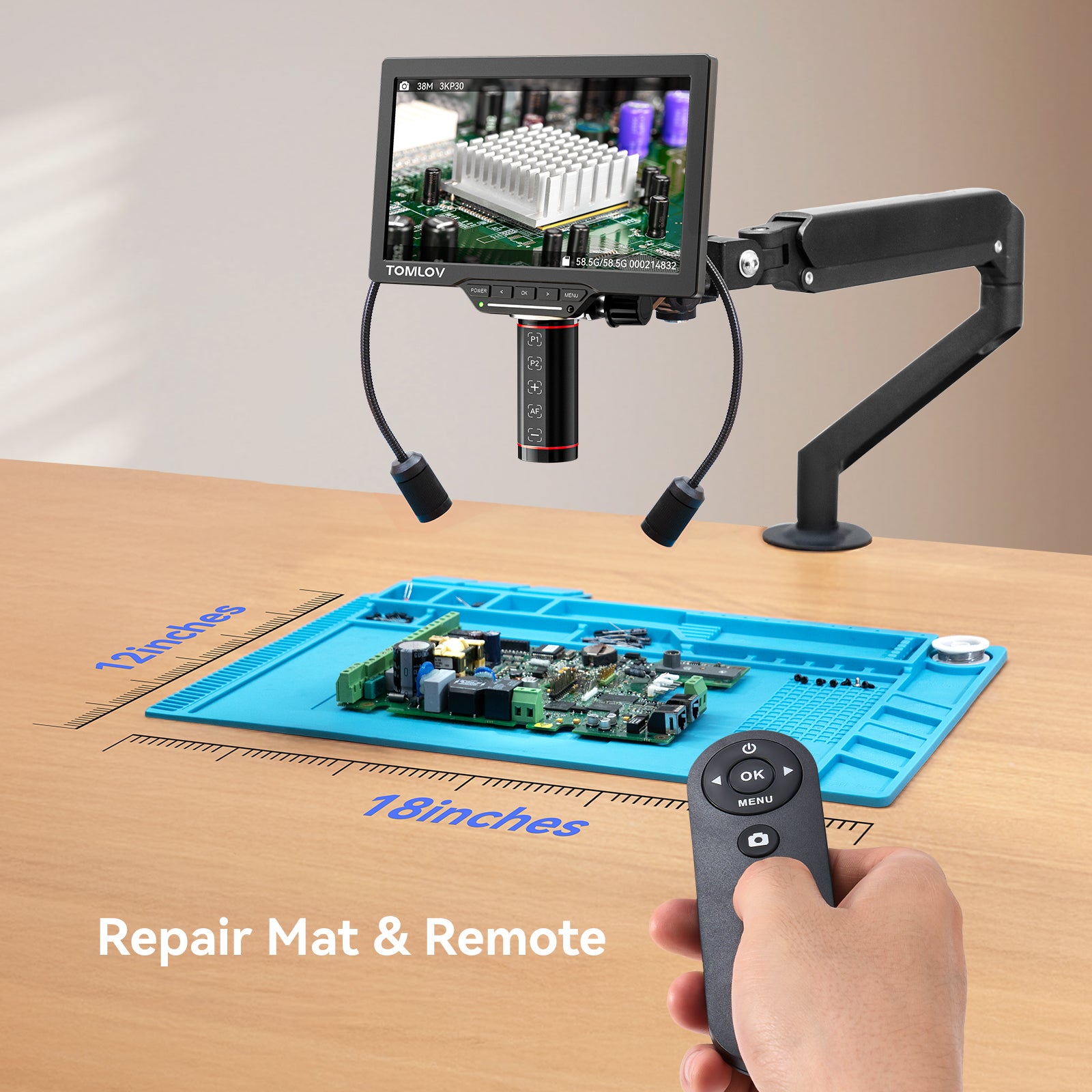 TOMLOV TM3K-AF Autofocus Digital Microscope 3K Flex Arm HDMI Microscope with Screen