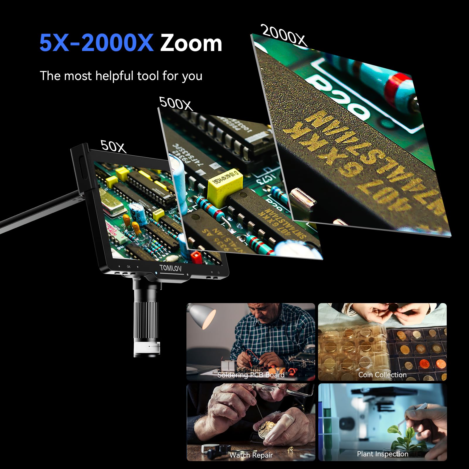 TOMLOV DM501S 2K Flexible Arm Digital Microscope, 7" Soldering Microscope 2000X