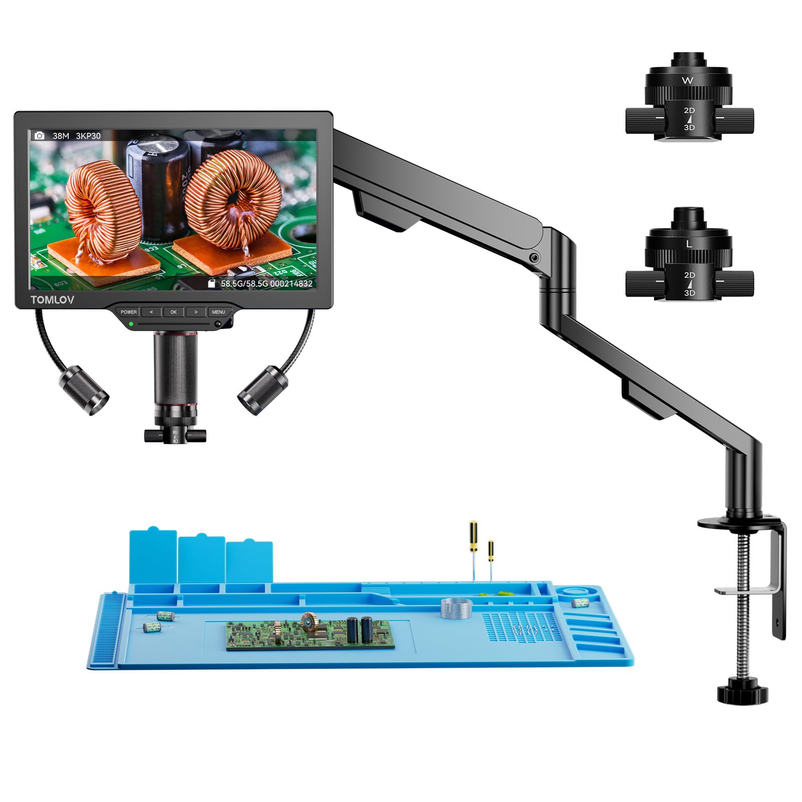 TOMLOV 3D Digital Soldering Microscope: Magnetic Dual Lens Micro Scope TM3K-3D Max For Adult, Coin Microscope with Flex Arm, 3K 10.1-Inch IPS Screen, HDMI/USB Output, Gooseneck Light, Repair Mat, with 64GB 