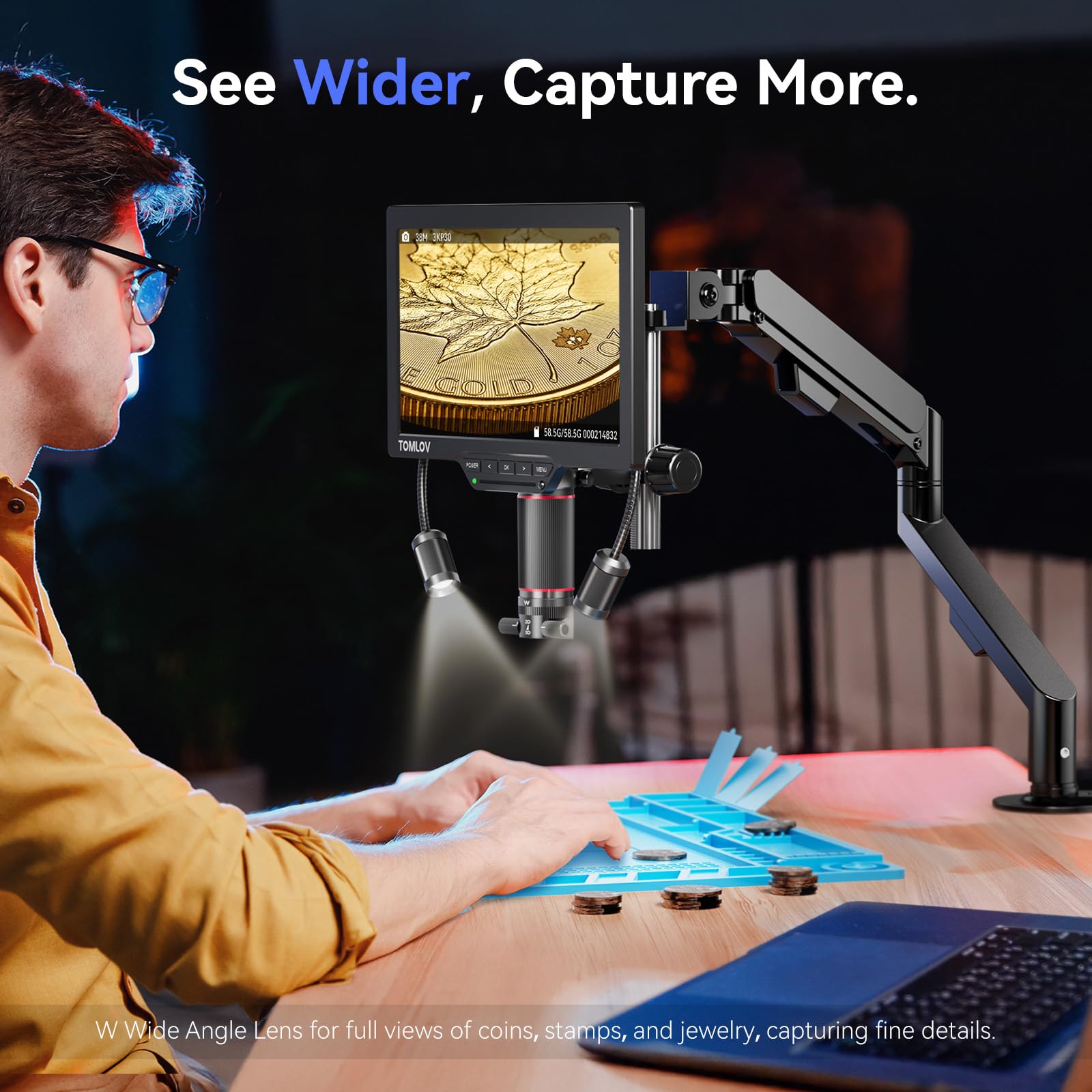 TOMLOV 3D Digital Soldering Microscope: Magnetic Dual Lens Micro Scope TM3K-3D Max For Adult, Coin Microscope with Flex Arm, 3K 10.1-Inch IPS Screen, HDMI/USB Output, Gooseneck Light, Repair Mat, 64GB 
