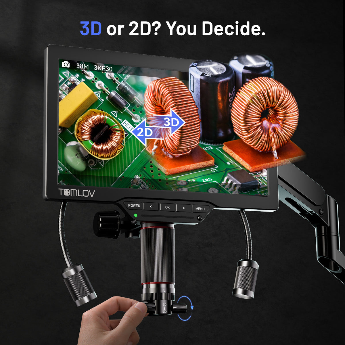TOMLOV 3D Digital Soldering Microscope TM3K-3D, 7" Magnetic Dual Lens Scope
