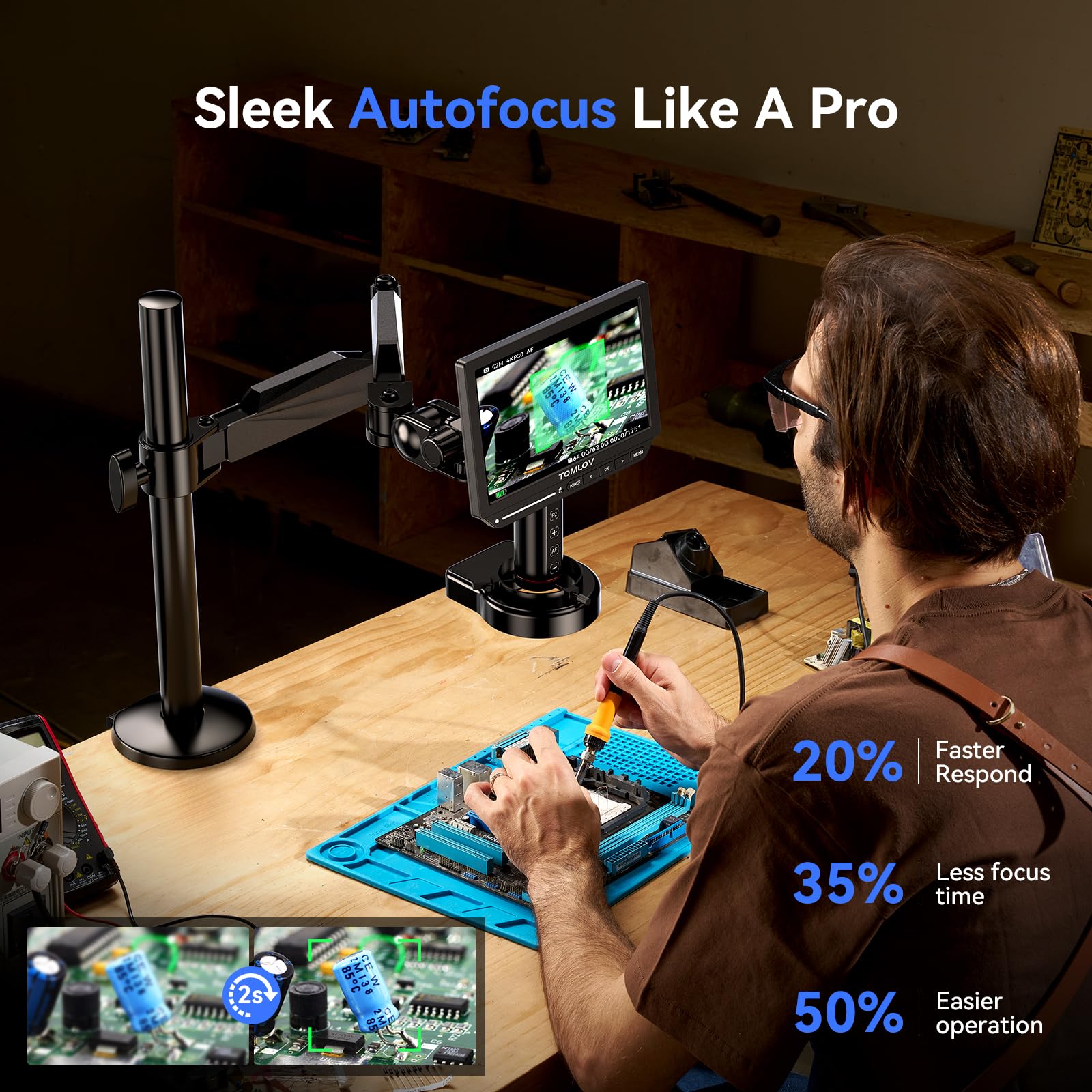 TOMLOV Autofocus 4K Digital Microscope, 8" TM4K-AF Flex Arm HDMI Micro Soldering Microscope 