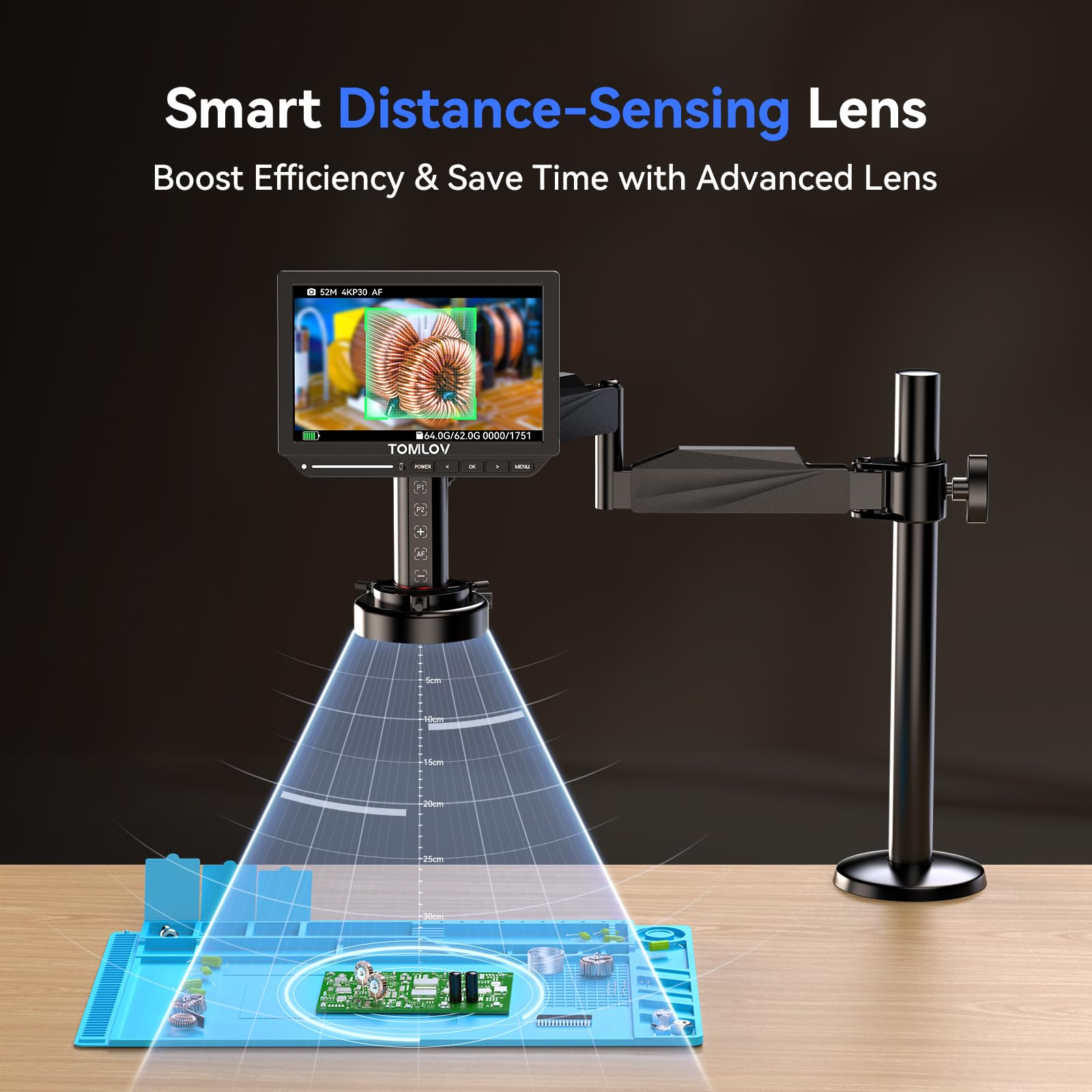 TOMLOV Autofocus 4K Digital Microscope, 8" TM4K-AF Flex Arm HDMI Micro Soldering Microscope 