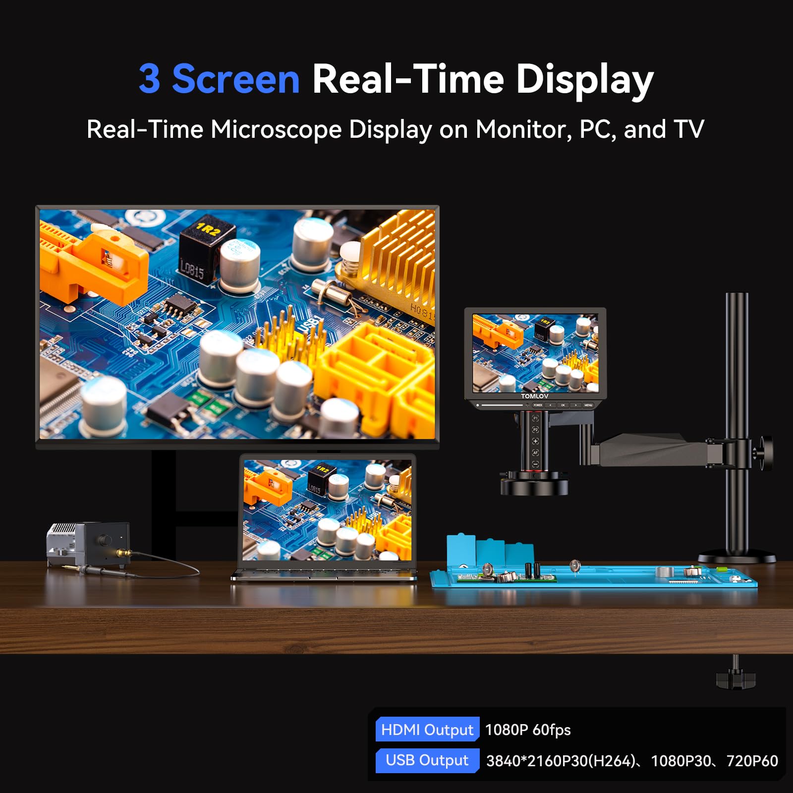 3 Screen Real-Time Display
Real-Time Microscope Display on Monitor, PC, and TV. TOMLOV Autofocus 4K Digital Microscope, 8" TM4K-AF Flex