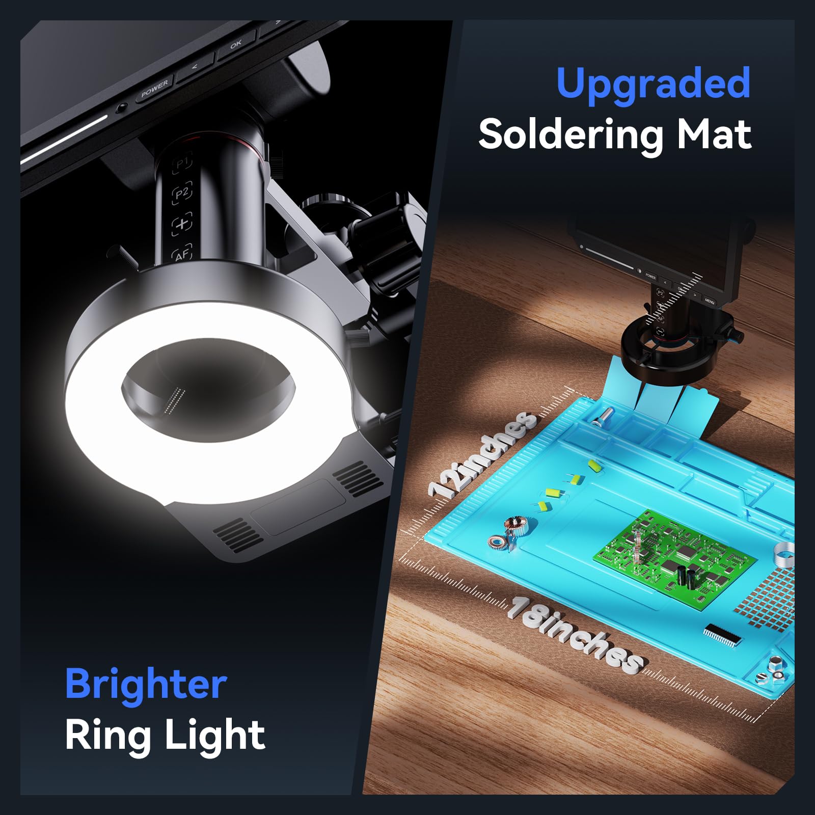 With upgraded soldering mat and brighter ring light. TOMLOV Autofocus 4K Digital Microscope, 8" TM4K-AF Flex Arm HDMI Micro Soldering Microscope 8