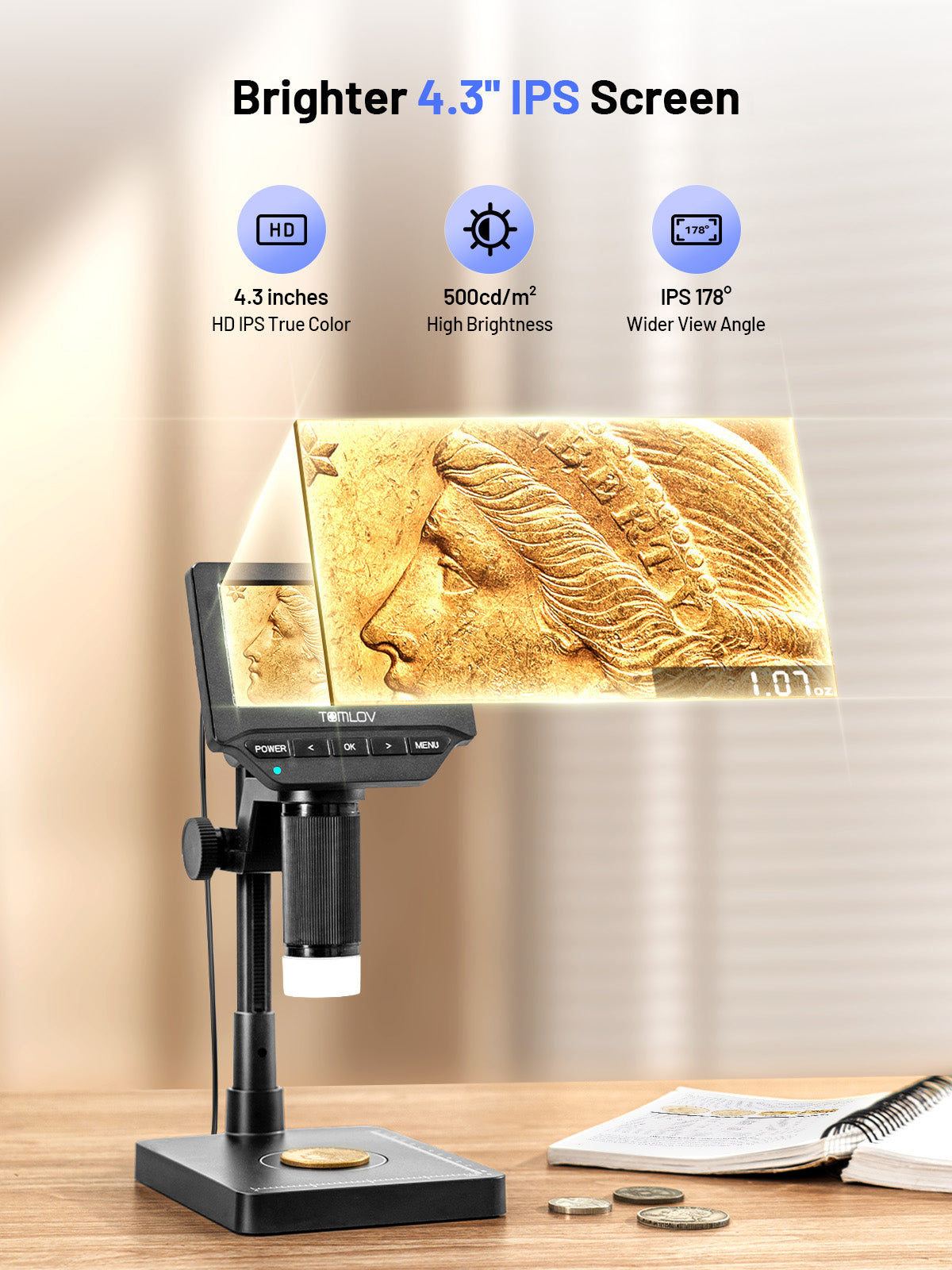 TOMLOV DM4W Digital Coin Microscope with Built-in Weighing Scale, 4.3-Inch