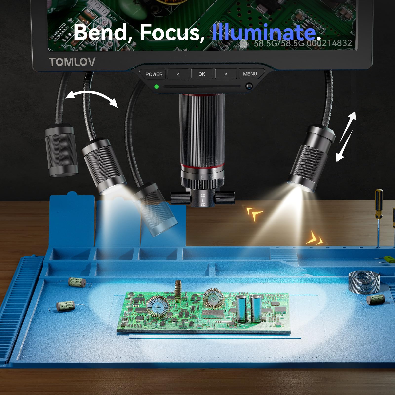 TOMLOV TM3K-3D 3D Digital Microscope for Soldering: Magnetic Dual Lens Micro Scope TM3K-3D for Adult, Coin Microscope with Flex Arm, 3K 7-Inch IPS Screen, HDMI/USB Output, Gooseneck Light, Repair Mat, 64GB 