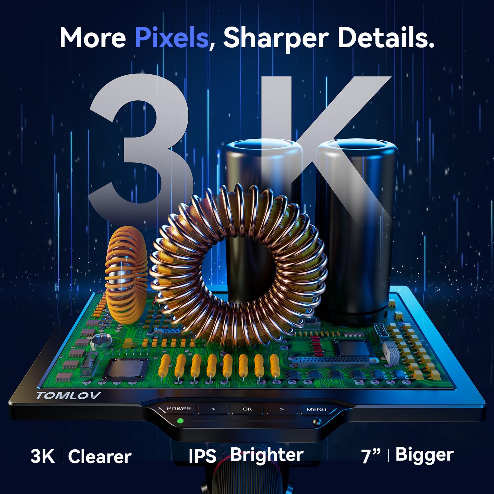 TOMLOV TM3K-3D 3D Digital Microscope for Soldering: Magnetic Dual Lens Micro Scope TM3K-3D for Adult, Coin Microscope with Flex Arm, 3K 7-Inch IPS Screen, HDMI/USB Output, Gooseneck Light, Repair Mat, 64GB 