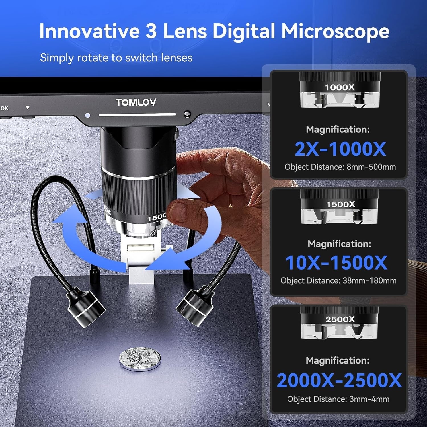 TOMLOV TriL110 10.1" 3 Lens 2K HDMI Digital Microscope