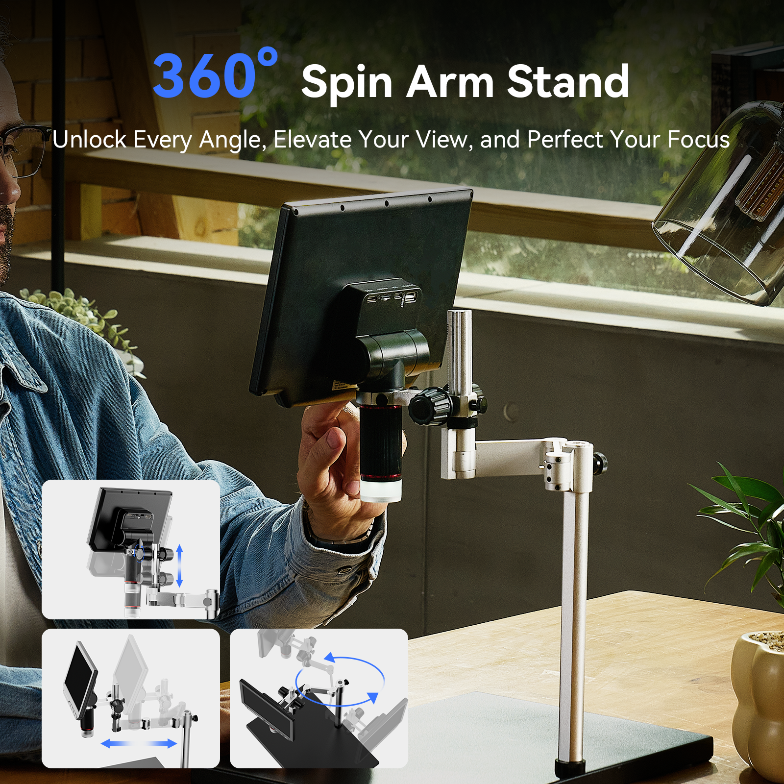 TOMLOV TM4K 8" Flex Arm Digital Microscope 2000x, Spin Arm Soldering Microscope for Electronics Repair